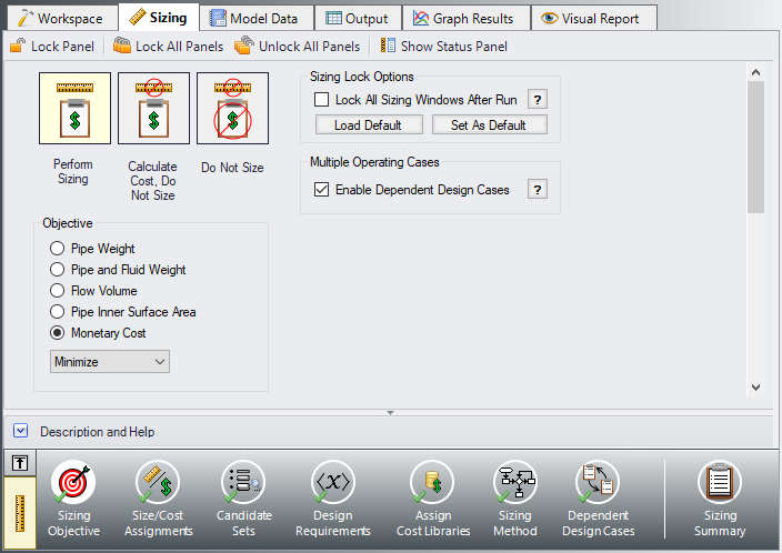 The Sizing Objective Panel of the Sizing window with the option for Enable Dependent Design Cases selected.